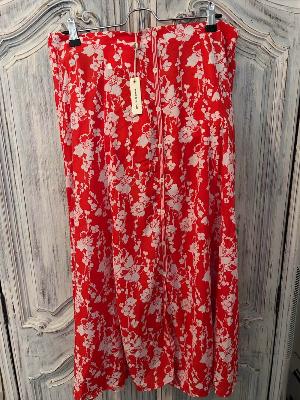 Max Studio NWT Floral  Button-Front Red Midi Skirt